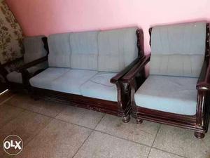 Brown Wooden Framed Teal Velvet Padded 3-piece, 5 seat Sofa