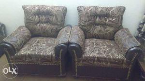 Five Seater (3+2)Brown-and-white Floral Sofa Chairs.