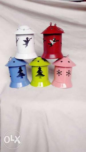 Five White, Red, Blue, Yellow, And Pink Metal Hanging Candle