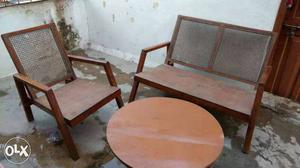 Round Brown Wooden Table With wooden sofa (2+1)