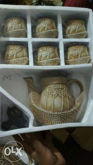 Six Brown Ceramic Teacups And One Teapot Set With Box
