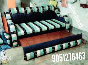 Teal, White, And Black Tripe Fabric Sofa Bed