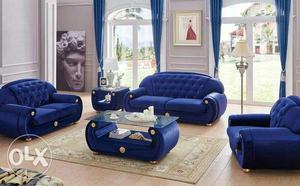 Tufted Blue Rolled-arm Sofa Set (new)