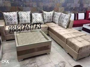 Tufted Brown Suede Sectional Sofa