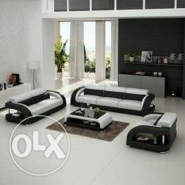 White And Black Leather Sofa Set With Coffee Table