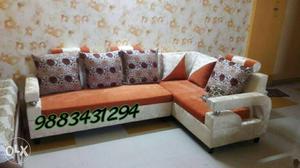 White-orange-and-black Floral Sectional Sofa With Throw