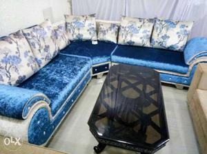 Blue And White Suede Sectional Couch