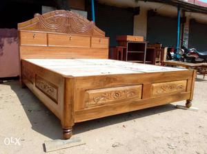 Brown Wooden Framed Bed With Mattress