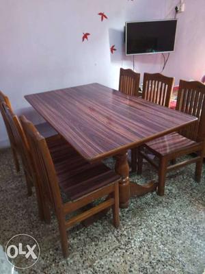Rectangular Brown teak Wooden Piece Dining Table And Chair 6