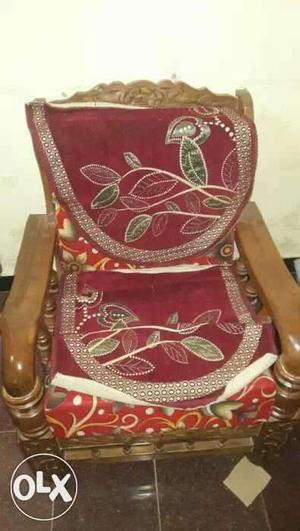Red And Brown Leaves Printed Wooden Armchair With Cushions
