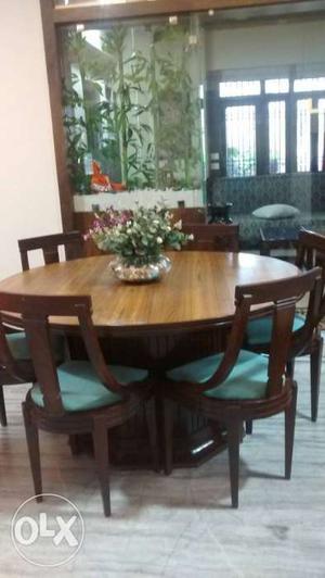 Six chairs with dining table Brown Wooden Framed Blue Padded