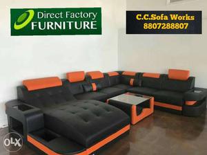 Tufted Black And Orange Leather Sectional Sofa