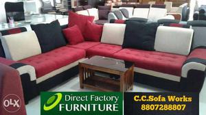 Tufted Red Fabric Padded Corner Sofa