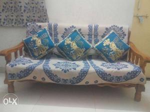 Brown Wooden Frame Blue And White Floral Couch