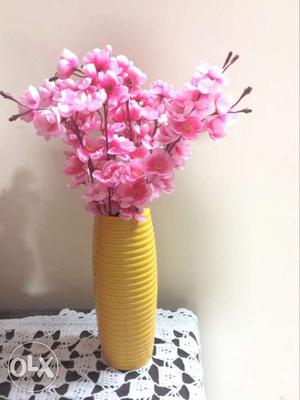 Pink Blossom Flowers In Yellow Ceramic Vase