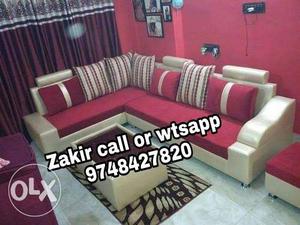 Red and cream padded l shape sofa set with