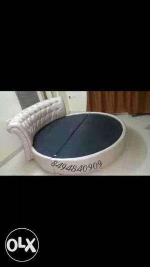 Round White Tufted Leather Ottoman Bed