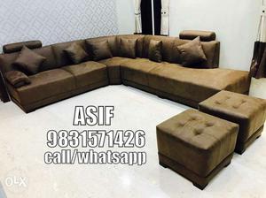 Tufted Brown Leather Padded Sectional Sofa