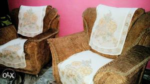 Two Brown Floral Cushion Pad Sofa Chairs 6 seater