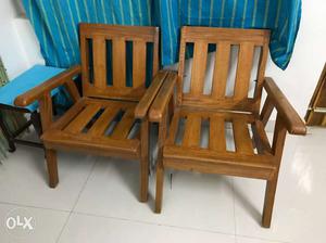 Two Brown Wooden Sofa Chairs