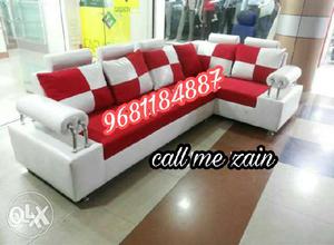 White And Red Fabric Sectional Sofa With Throw Pillows