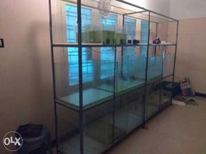 Gray Metal Framed stand and 9 fish Tanks