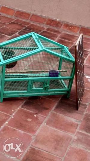 Green Wooden Framed Wire Pet Cage