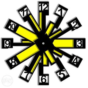 3D Acrylic Abstract Clock Face Black and Yellow