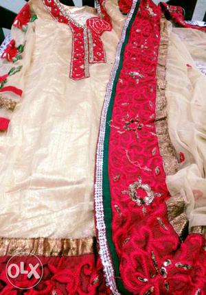 Beige And Red Floral Salwar Kameez Traditional Dress