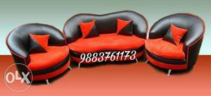 Black And Red Leather Couch And Armchairs