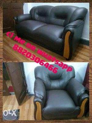 Black Leather 2-seat Couch With Armchair