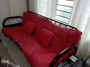 Black Metal Framed With Red Floral Padded Sofa With Three
