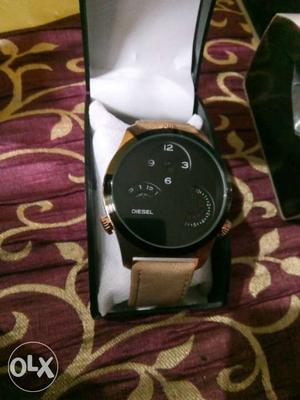 Black Round Diesel Chronograph Watch With Brown Leather Band