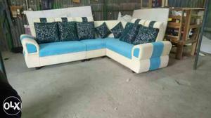 Blue And Beige Suede Corner Sofa Set