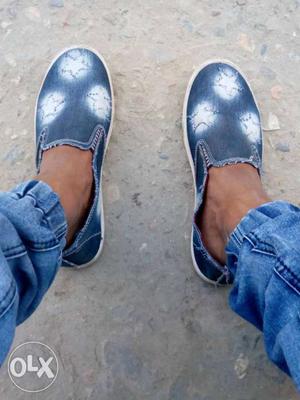 Blue-and-white Denim Slip-on Shoes