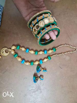 Gold,green,blue Beaded Necklace And Silk Thread Jhumkas