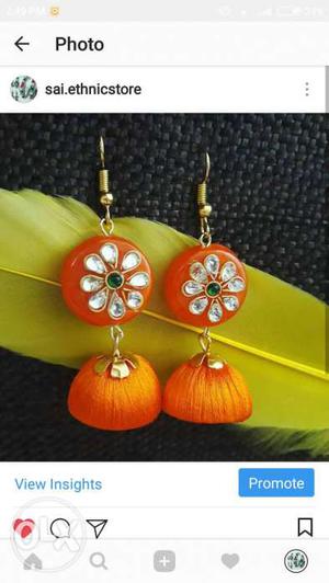 Pair Of Embellished Diamonds Orange Hook Earrings