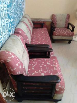 Pink-and-white Floral Sofa Set With Black Wooden Base
