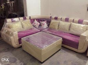 Purple And Brown Fabric Sectional Sofa With Throw Pillows