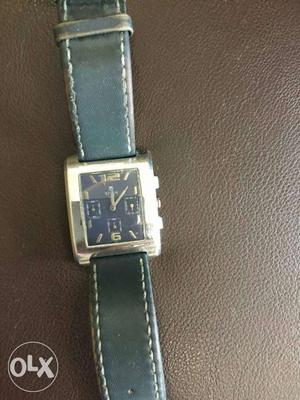 Rectangular Silver Chronograph Watch With Blue Strap