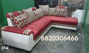 Red and white sectional L sofa