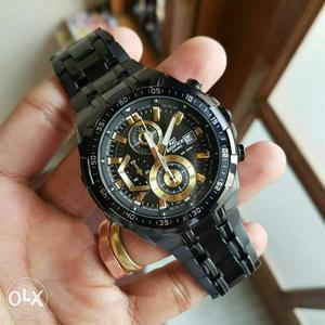 Round Black And Gold Chronograph Watch With Black Link