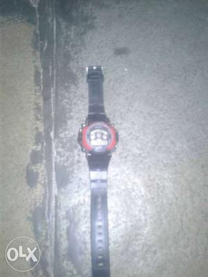 Round Black And Red Digital Watch With Band