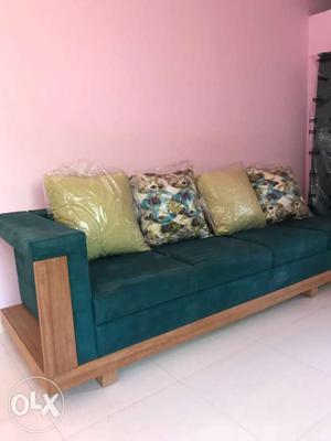 Sea green Fabric 4 +3+3seat Sofa With Multi color Throw
