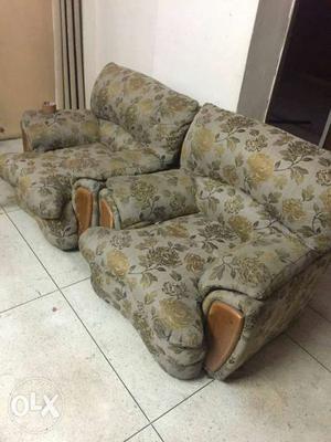 Two Gray Floral Fabric sofa chairs with 3seater