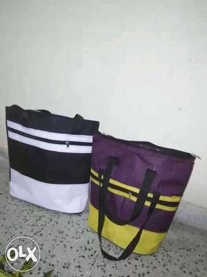 Two White And Purple Fabric Tote Bags