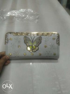 White And Gold-colored Floral Leather Long Wallet