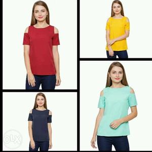 Women's Colored Cold-shoulders Crew-neck Shirts Collage