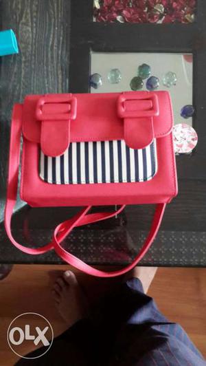 Women's Pink, White And Black Stripe Leather Shoulder Bag