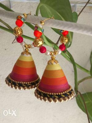 Yellow, Brown, Orange And Pink Silk Thread Earrings